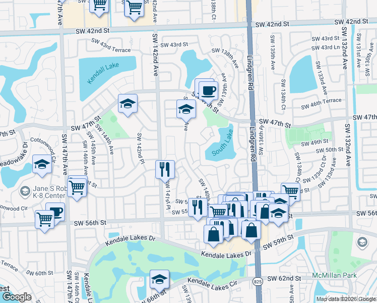 map of restaurants, bars, coffee shops, grocery stores, and more near 5020 Southwest 139th Place in Miami
