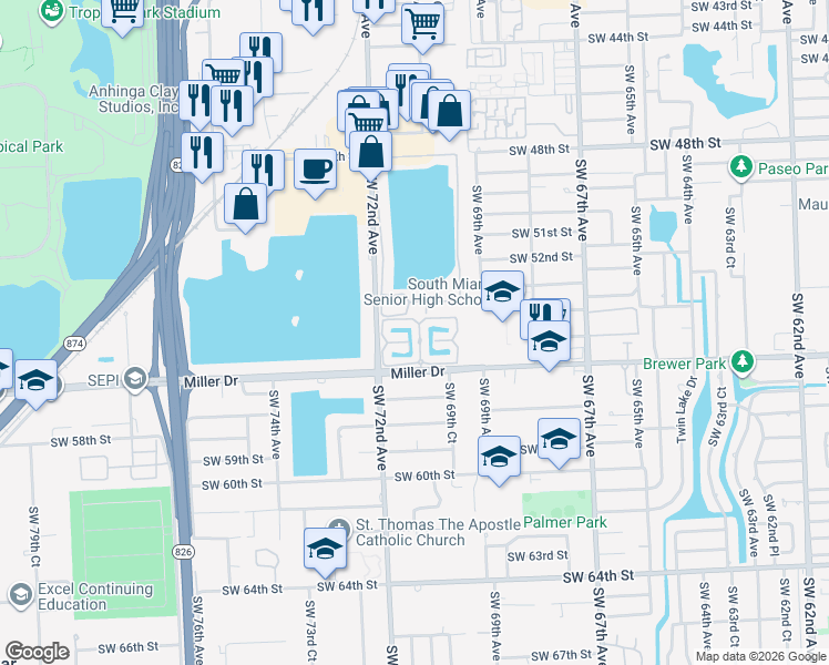 map of restaurants, bars, coffee shops, grocery stores, and more near 5541 Southwest 70th Place South in Miami