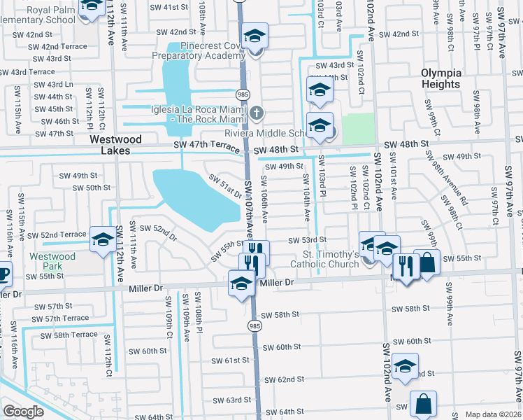 map of restaurants, bars, coffee shops, grocery stores, and more near 5130 Southwest 107th Avenue in Miami