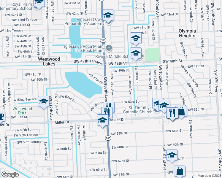 map of restaurants, bars, coffee shops, grocery stores, and more near 5130 Southwest 107th Avenue in Miami