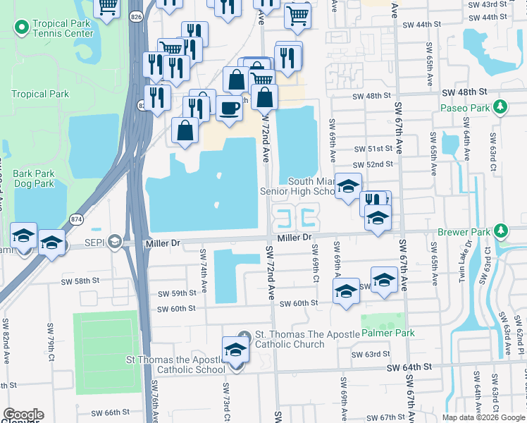 map of restaurants, bars, coffee shops, grocery stores, and more near 5520 Southwest 72nd Avenue in Miami