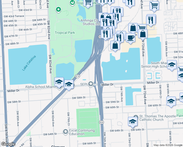 map of restaurants, bars, coffee shops, grocery stores, and more near 5275 Southwest 77th Court in Miami