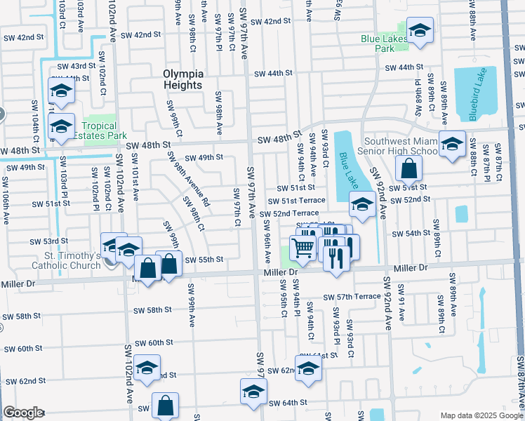 map of restaurants, bars, coffee shops, grocery stores, and more near 5310 Southwest 96th Avenue in Miami