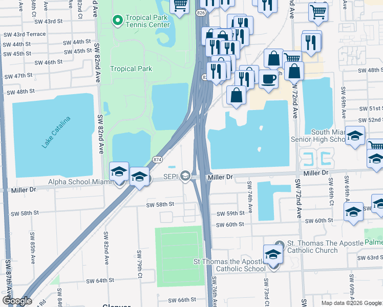 map of restaurants, bars, coffee shops, grocery stores, and more near 5501 Southwest 77th Court in Miami