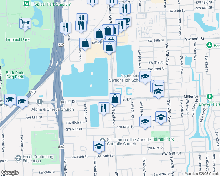 map of restaurants, bars, coffee shops, grocery stores, and more near 5520 Southwest 72nd Avenue in Miami