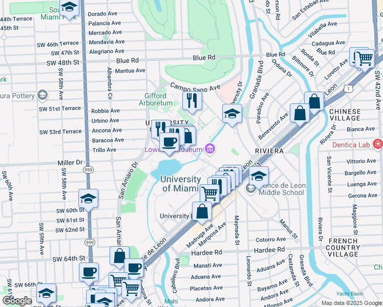 map of restaurants, bars, coffee shops, grocery stores, and more near 1306 Stanford Drive in Coral Gables