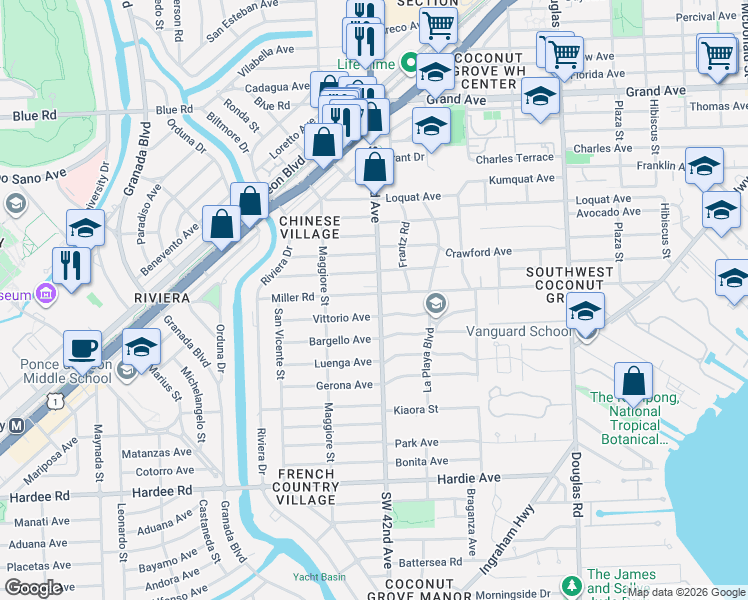 map of restaurants, bars, coffee shops, grocery stores, and more near 410 Vittorio Avenue in Coral Gables