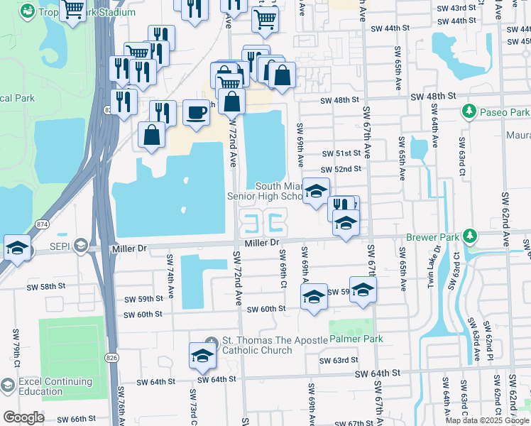 map of restaurants, bars, coffee shops, grocery stores, and more near 5541 Southwest 70th Place South in Miami