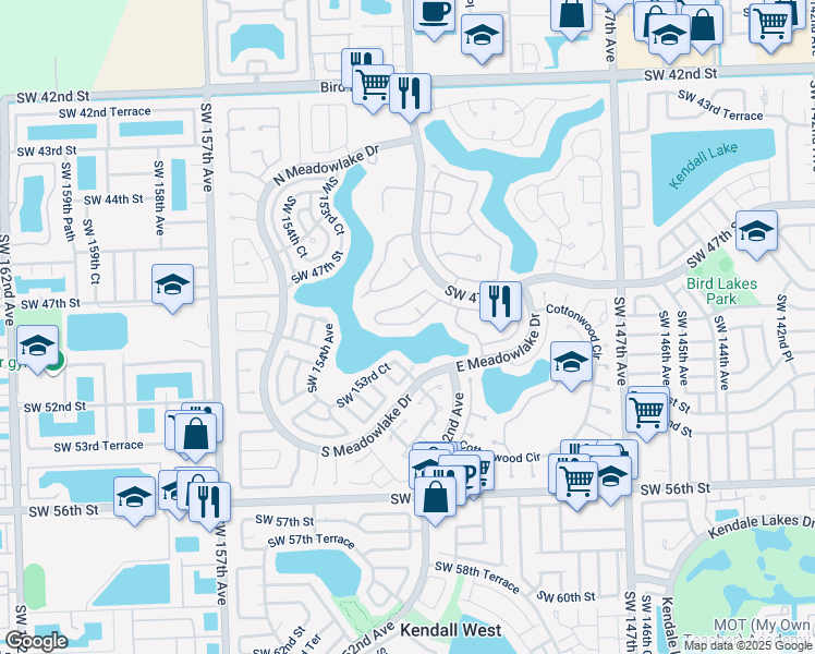 map of restaurants, bars, coffee shops, grocery stores, and more near 5246 Southwest 153rd Court in Miami