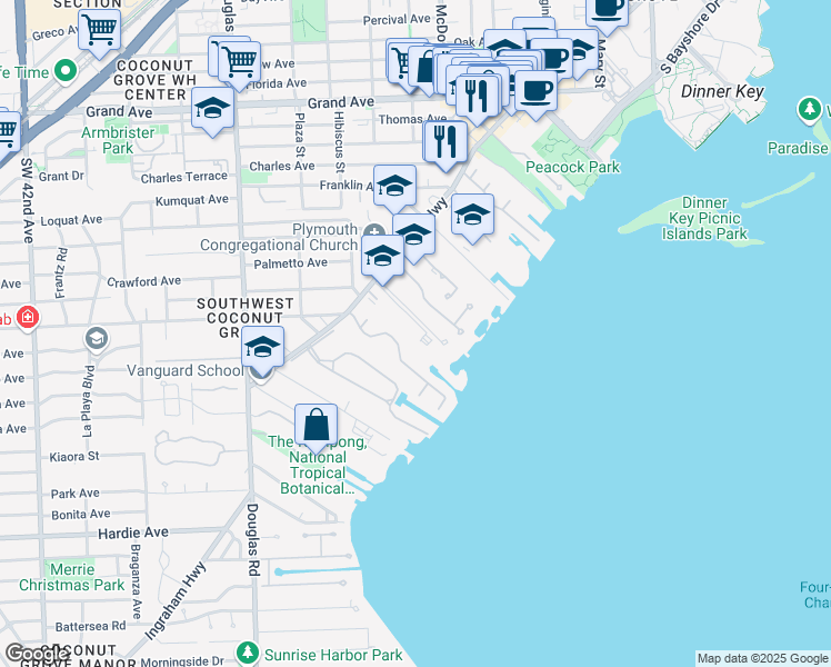 map of restaurants, bars, coffee shops, grocery stores, and more near 3747 Main Highway in Miami