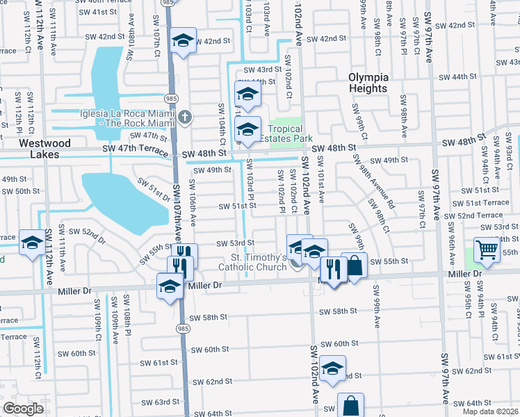 map of restaurants, bars, coffee shops, grocery stores, and more near 10350 Southwest 50th Terrace in Miami