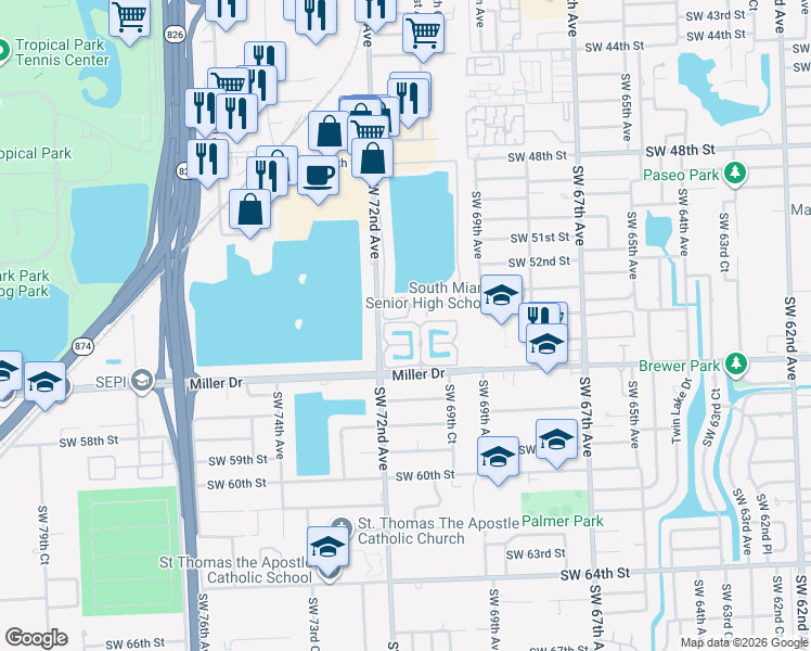 map of restaurants, bars, coffee shops, grocery stores, and more near 5313 Southwest 71st Place in Miami