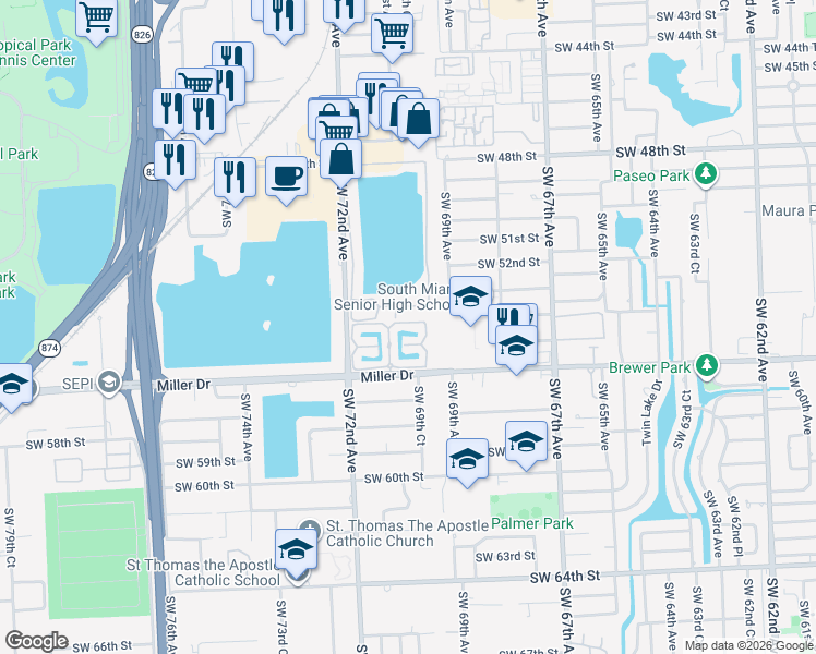 map of restaurants, bars, coffee shops, grocery stores, and more near 7029 Southwest 53rd Lane in Miami