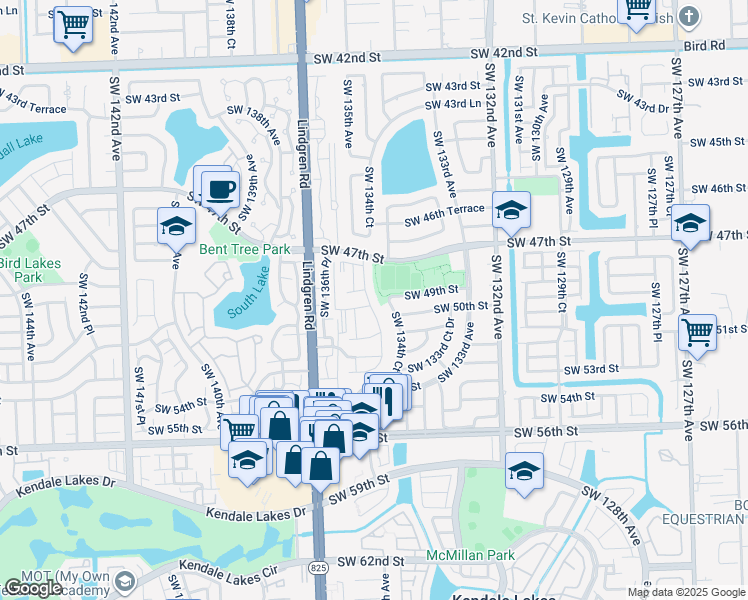 map of restaurants, bars, coffee shops, grocery stores, and more near 4733 Southwest 135th Court in Miami