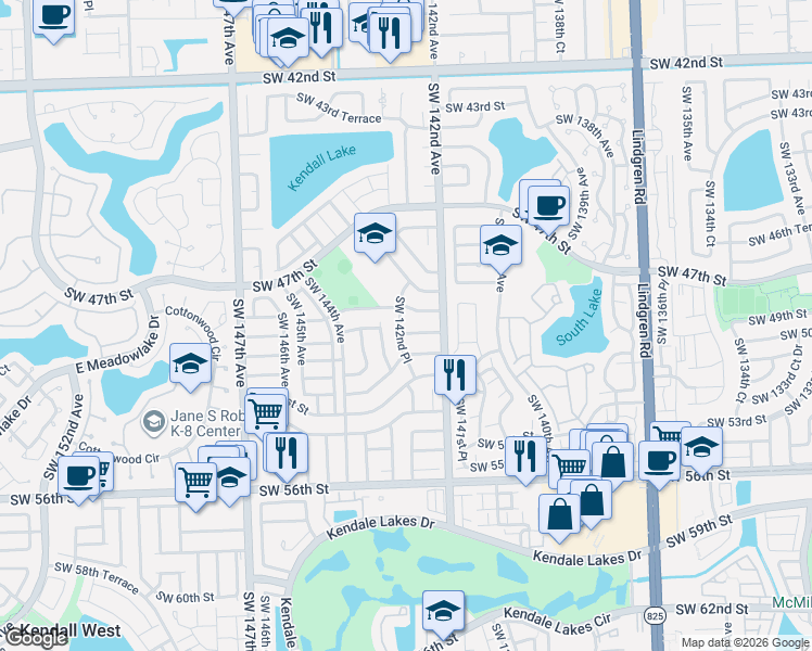 map of restaurants, bars, coffee shops, grocery stores, and more near 14251-14399 Southwest 48th Lane in Miami