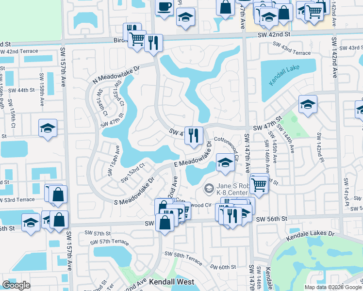 map of restaurants, bars, coffee shops, grocery stores, and more near 15035 Southwest 48th Terrace in Miami