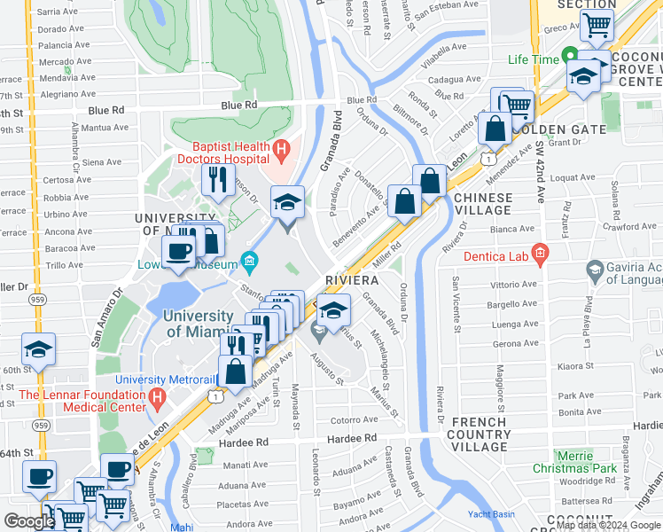 map of restaurants, bars, coffee shops, grocery stores, and more near 5101 Ponce de Leon in Coral Gables