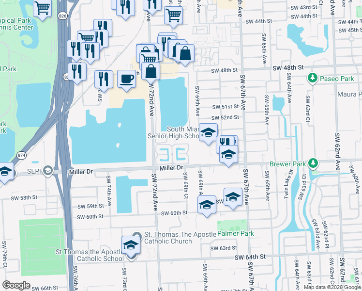 map of restaurants, bars, coffee shops, grocery stores, and more near 7029 Southwest 53rd Lane in Miami