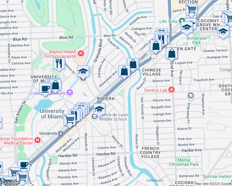 map of restaurants, bars, coffee shops, grocery stores, and more near 5420 Orduna Drive in Coral Gables