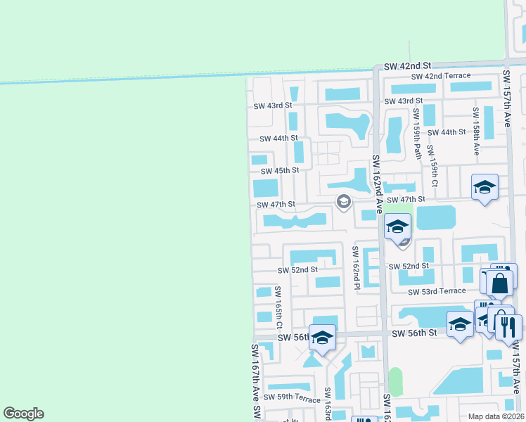 map of restaurants, bars, coffee shops, grocery stores, and more near 16649 Southwest 47th Street in Miami