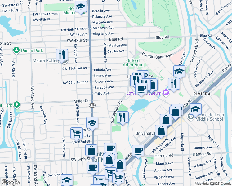 map of restaurants, bars, coffee shops, grocery stores, and more near 1450 Baracoa Avenue in Coral Gables