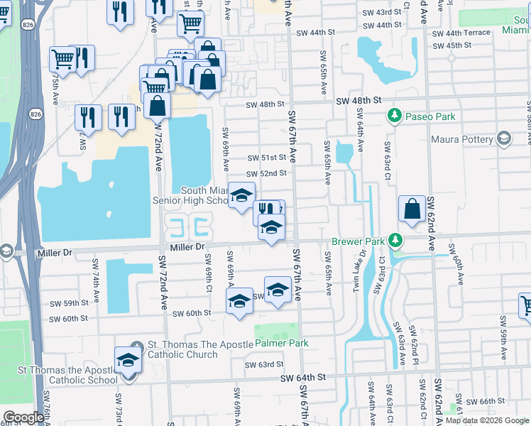 map of restaurants, bars, coffee shops, grocery stores, and more near 6781 Southwest 54th Street in Miami