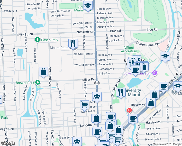map of restaurants, bars, coffee shops, grocery stores, and more near 5785 Southwest 54th Terrace in Miami