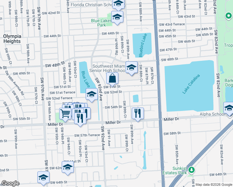 map of restaurants, bars, coffee shops, grocery stores, and more near 9010 Southwest 51st Street in Miami