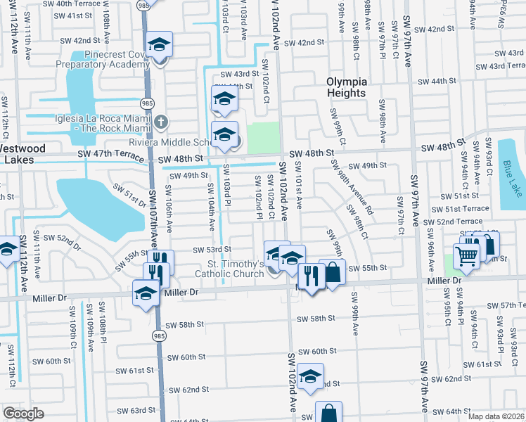 map of restaurants, bars, coffee shops, grocery stores, and more near 10270 Southwest 50th Terrace in Miami