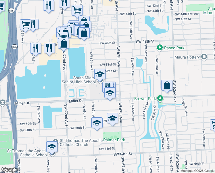 map of restaurants, bars, coffee shops, grocery stores, and more near 6781 Southwest 54th Street in Miami