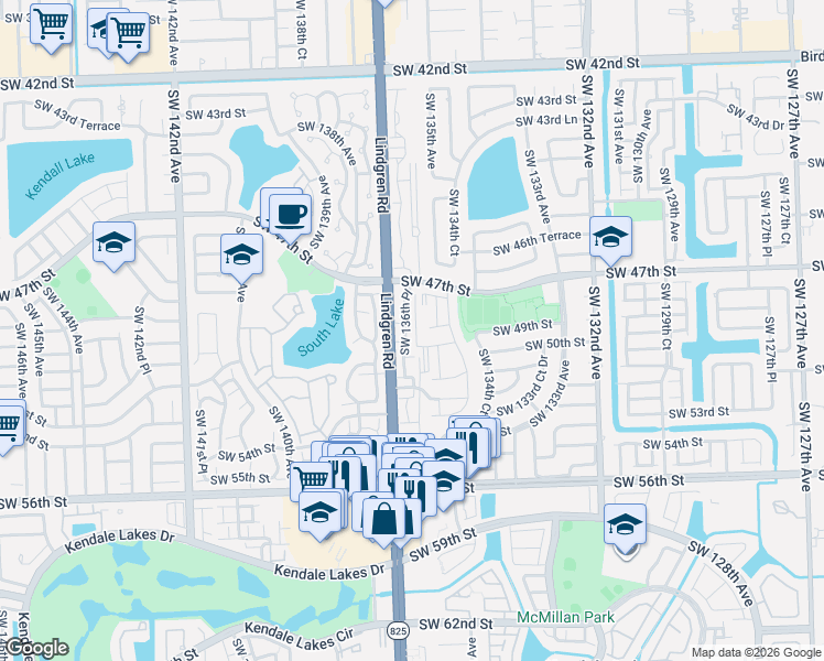map of restaurants, bars, coffee shops, grocery stores, and more near 4744 Southwest 136th Place in Miami