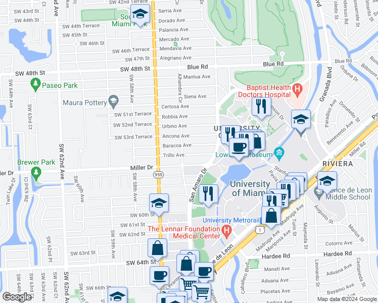 map of restaurants, bars, coffee shops, grocery stores, and more near 1451 Trillo Avenue in Coral Gables