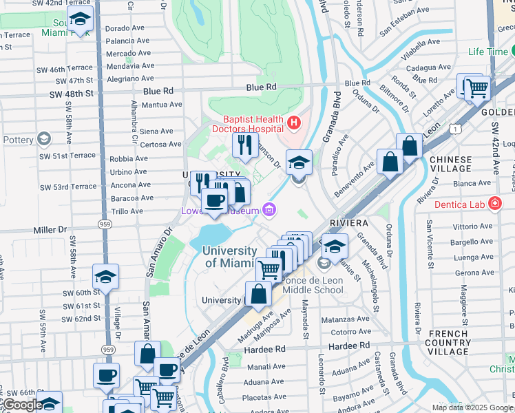 map of restaurants, bars, coffee shops, grocery stores, and more near 1306 Stanford Drive in Coral Gables