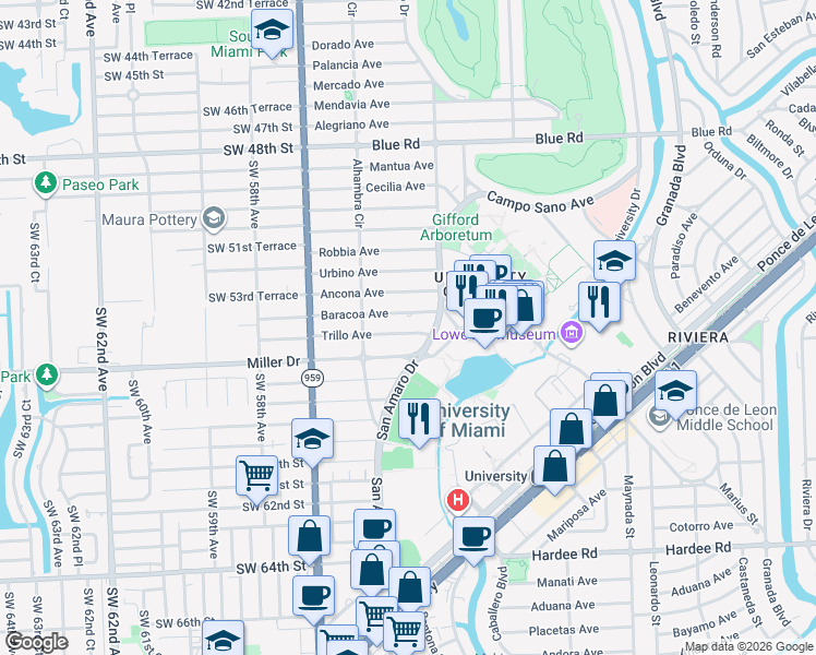 map of restaurants, bars, coffee shops, grocery stores, and more near 1414 Baracoa Avenue in Coral Gables