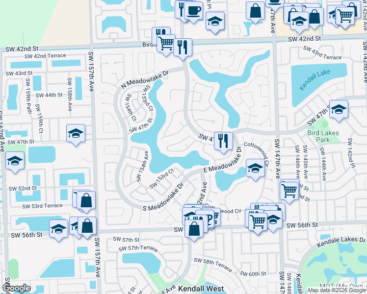map of restaurants, bars, coffee shops, grocery stores, and more near 4822 Southwest 152nd Court in Miami