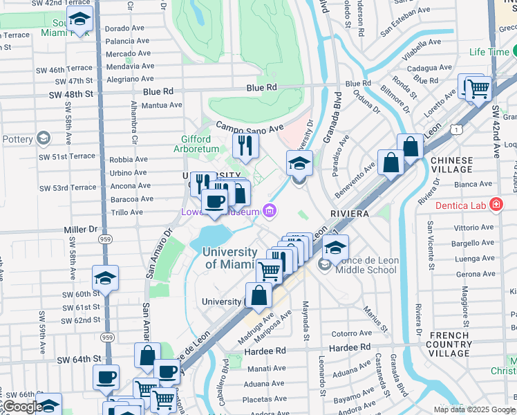 map of restaurants, bars, coffee shops, grocery stores, and more near 5250 University Drive in Miami