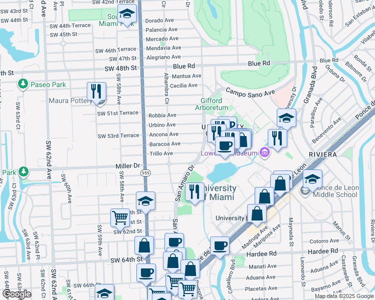 map of restaurants, bars, coffee shops, grocery stores, and more near 1425 Trillo Avenue in Coral Gables