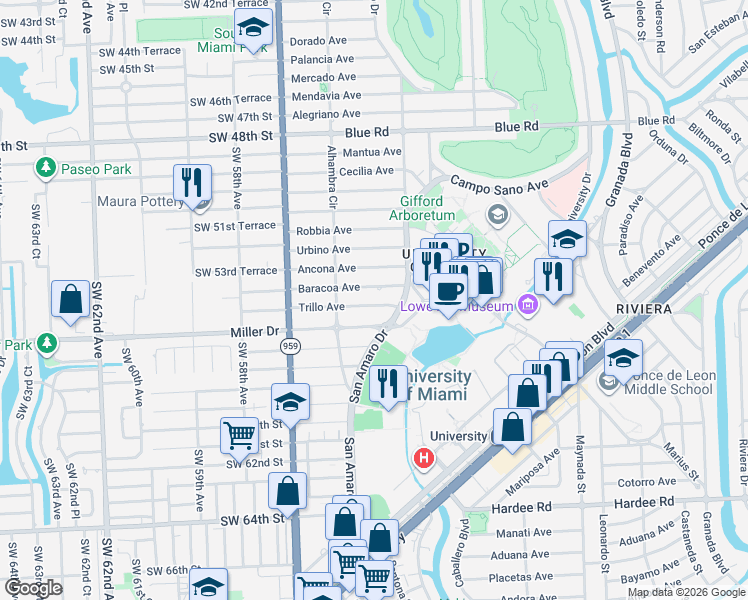 map of restaurants, bars, coffee shops, grocery stores, and more near 1450 Baracoa Avenue in Coral Gables