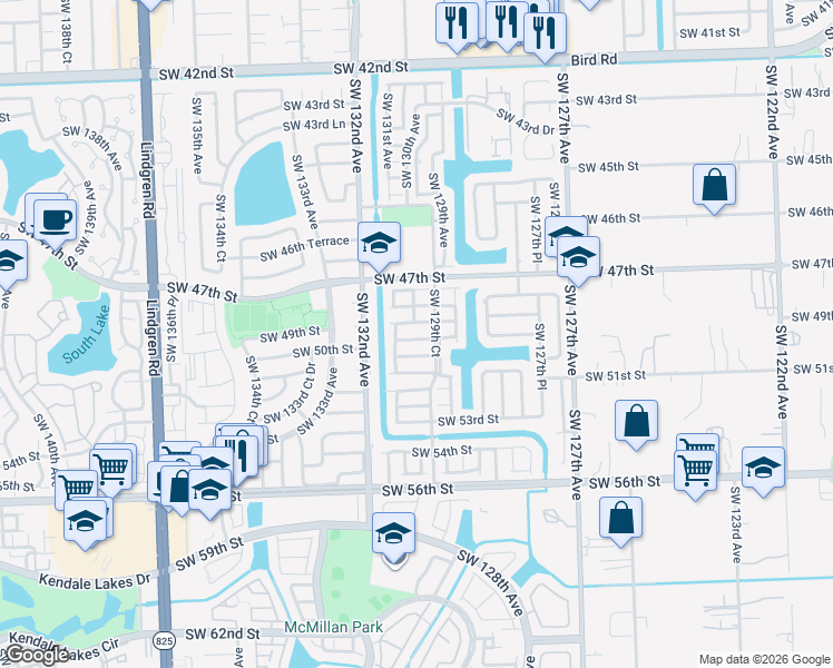 map of restaurants, bars, coffee shops, grocery stores, and more near 12931 Southwest 49th Street in Miami