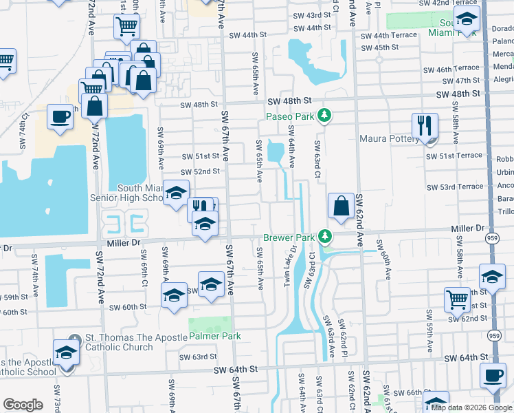 map of restaurants, bars, coffee shops, grocery stores, and more near 6550 Southwest 53rd Terrace in Miami