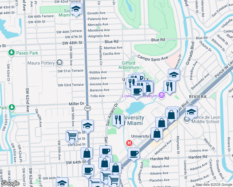 map of restaurants, bars, coffee shops, grocery stores, and more near 1414 Baracoa Avenue in Coral Gables