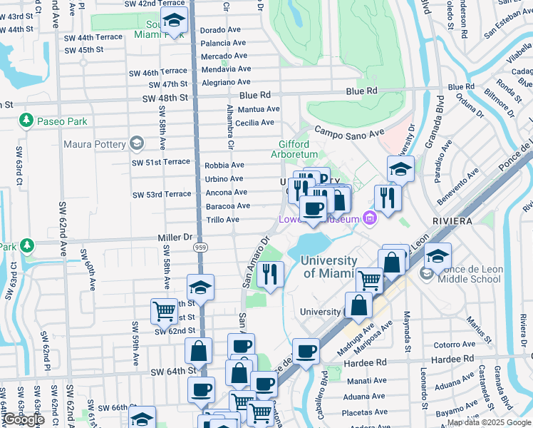 map of restaurants, bars, coffee shops, grocery stores, and more near 1414 Baracoa Avenue in Coral Gables