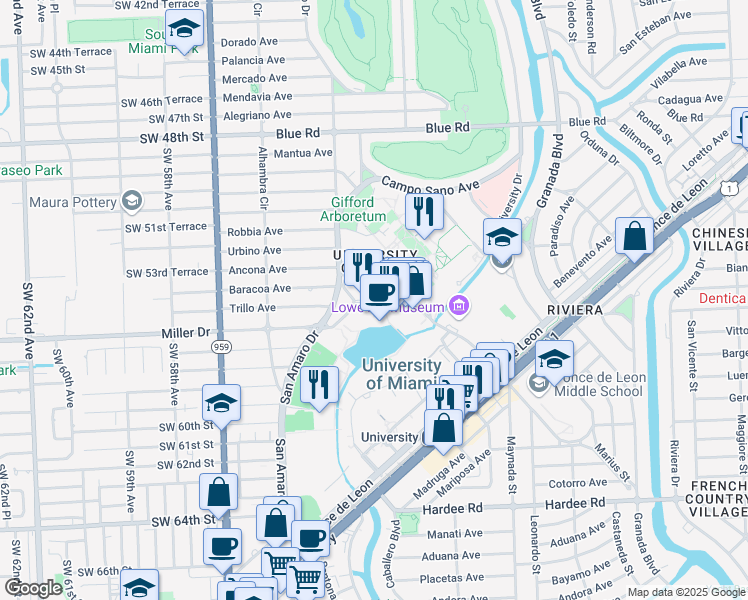 map of restaurants, bars, coffee shops, grocery stores, and more near 1330 Miller Drive in Coral Gables