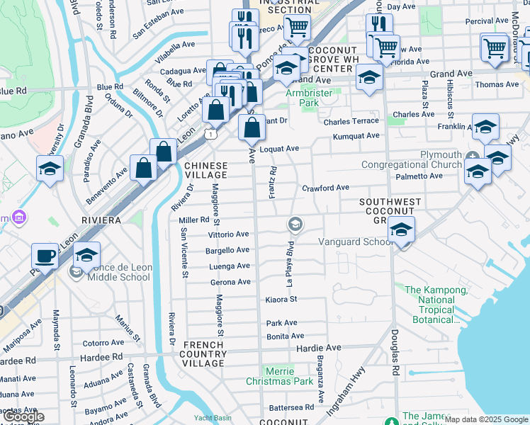 map of restaurants, bars, coffee shops, grocery stores, and more near 3810 Frantz Road in Miami