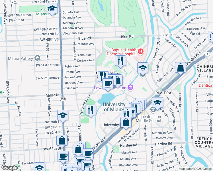map of restaurants, bars, coffee shops, grocery stores, and more near 1311 Miller Drive in Miami