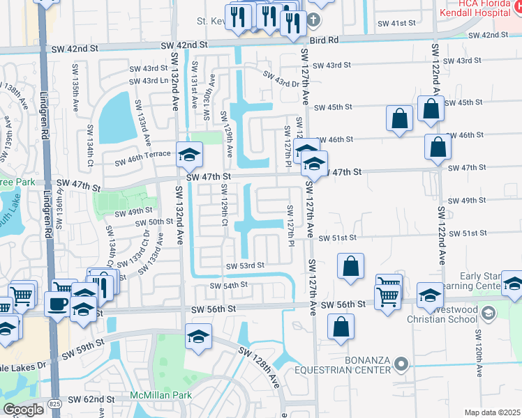 map of restaurants, bars, coffee shops, grocery stores, and more near 4824 Southwest 128th Place in Miami