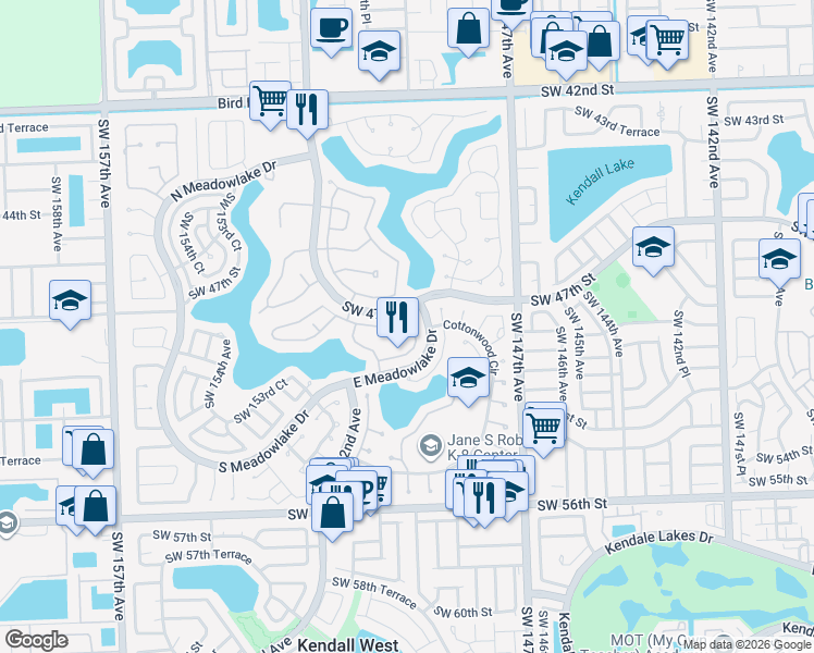 map of restaurants, bars, coffee shops, grocery stores, and more near 14955 Southwest 48th Terrace in Miami