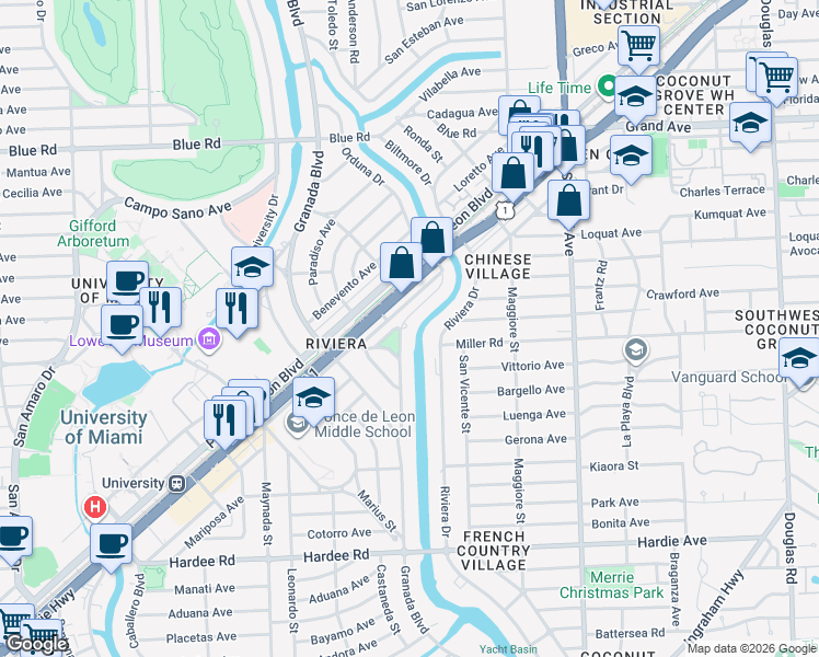 map of restaurants, bars, coffee shops, grocery stores, and more near 5363 Orduna Drive in Coral Gables