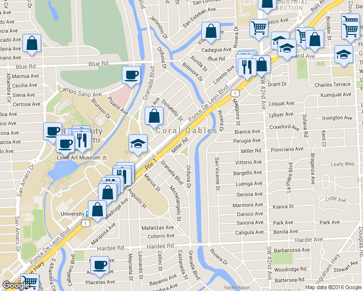 map of restaurants, bars, coffee shops, grocery stores, and more near 800 South Dixie Highway in Coral Gables
