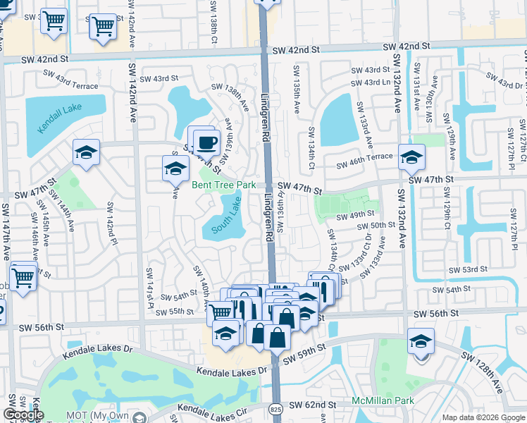 map of restaurants, bars, coffee shops, grocery stores, and more near 4744 Southwest 136th Place in Miami